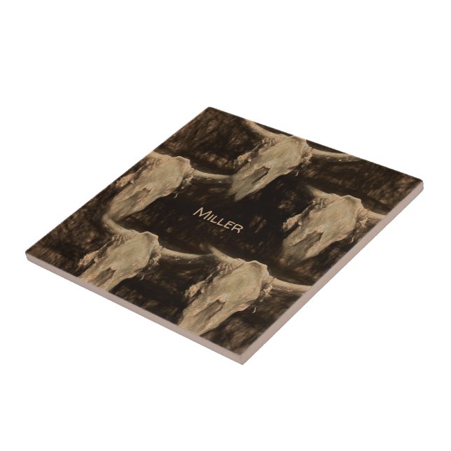 Azulejo Cráneo de toros Rústico Occidental Arte Sepia Brow (Lado)