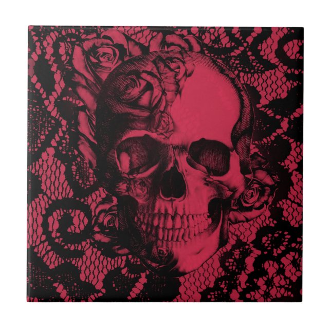 Azulejo Cráneo gótico rojo y negro del cordón (Frente)
