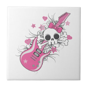 Azulejo Cráneo lindo con guitarra rosa