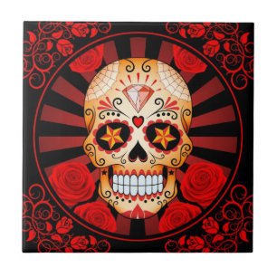 Azulejo Cráneo rojo del azúcar del vintage con el poster