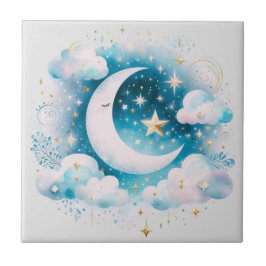 Azulejo Creciente azul y blanco Luna Celestial Boho modern