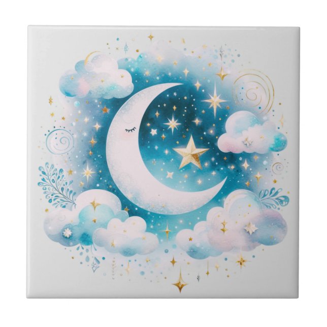 Azulejo Creciente azul y blanco Luna Celestial Boho modern (Frente)