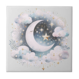 Azulejo Creciente azul y blanco Luna Celestial Boho modern