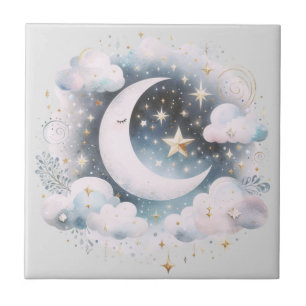 Azulejo Creciente azul y blanco Luna Celestial Boho modern