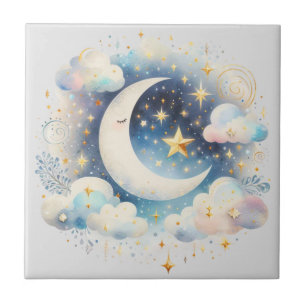 Azulejo Creciente Luna Celeste Boho Moderno Azul y Blanco