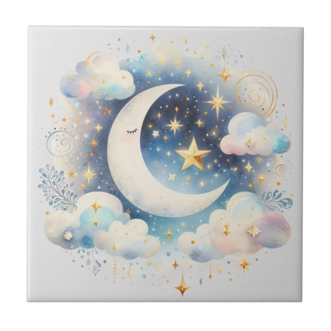Azulejo Creciente Luna Celeste Boho Moderno Azul y Blanco (Frente)