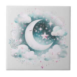 Azulejo Creciente Luna Celeste Boho Moderno Azul y Blanco