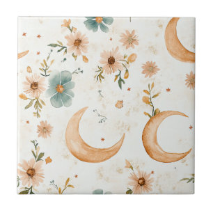 Azulejo Creciente Lunar Celestial Floral Dorado Brillante
