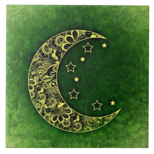 Azulejo Creciente lunar y estrellas florales doradas sobre