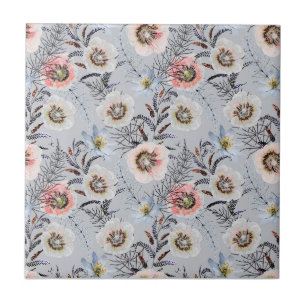Azulejo Crema, flores de coral en gris claro