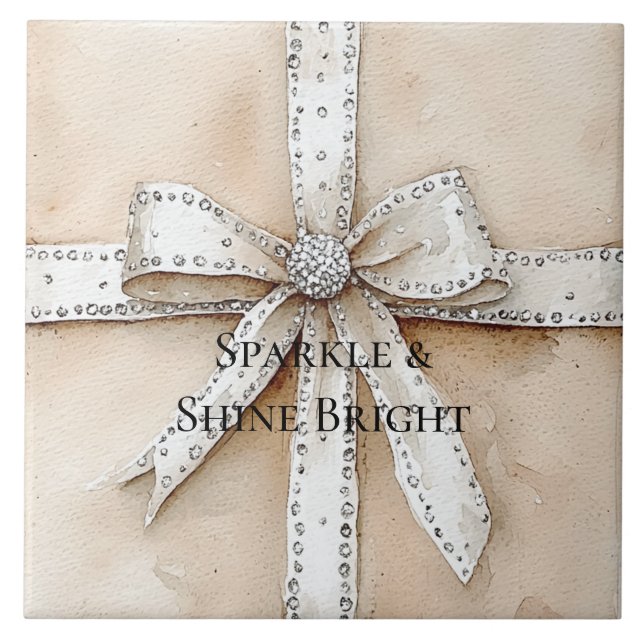 Azulejo Crema Plata Blanca Glitzy Glam Bow Cumpleaños (Frente)