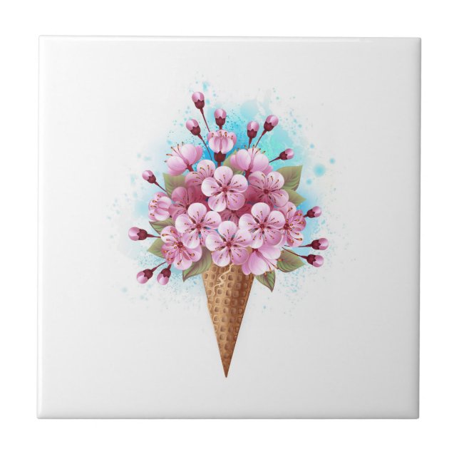 Azulejo Crema rosa de hielo Sakura Waffle Cone (Frente)