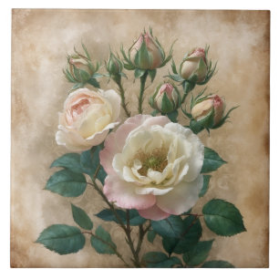 Azulejo Crema rústica vintage con Rosa salvaje rosa