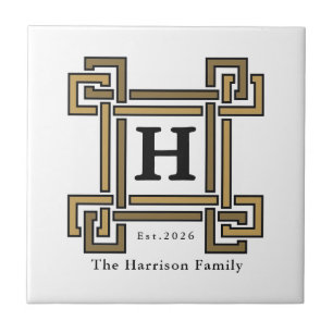 Azulejo Crest Familiar de Llave Griega de Carbón Dorado