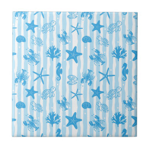 Azulejo Criaturas Azules del Mar Patrón de Garabatos Náuti