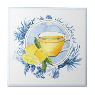 Azulejo Criaturas marinas marco azul y agua de té de limón