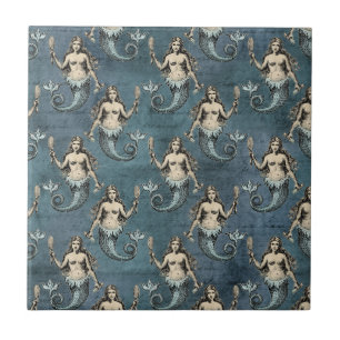 Azulejo Criaturas Marinas Sirena Color Azul Manuscrito