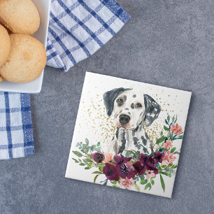 Azulejo Crimson Floral Bouquet Dalmatian Dog