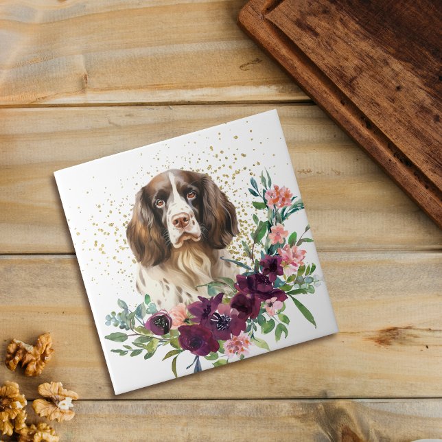 Azulejo Crimson Floral Bouquet Springer Spaniel Dog (Subido por el creador)