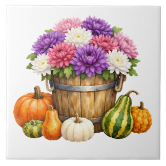 Azulejo Crisantemo de otoño acuarela, calabazas, calabacin