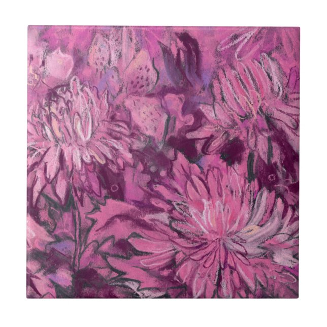 Azulejo Crisantemo Flores Pintado Floral Marrón Rosa (Frente)