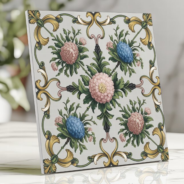Azulejo Crisantemo Rosa y Azul Floral Chinoiserie (Subido por el creador)