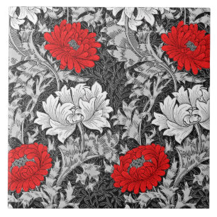 Azulejo Crisantemos, gris y rojo de William Morris