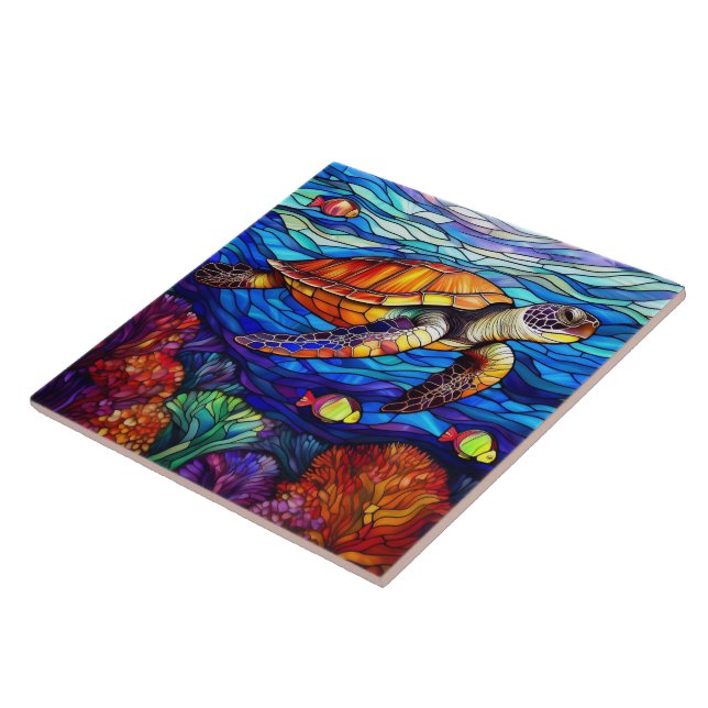Azulejo Cristal de estilo hawaiano tortuga marina arte hon (Lado)