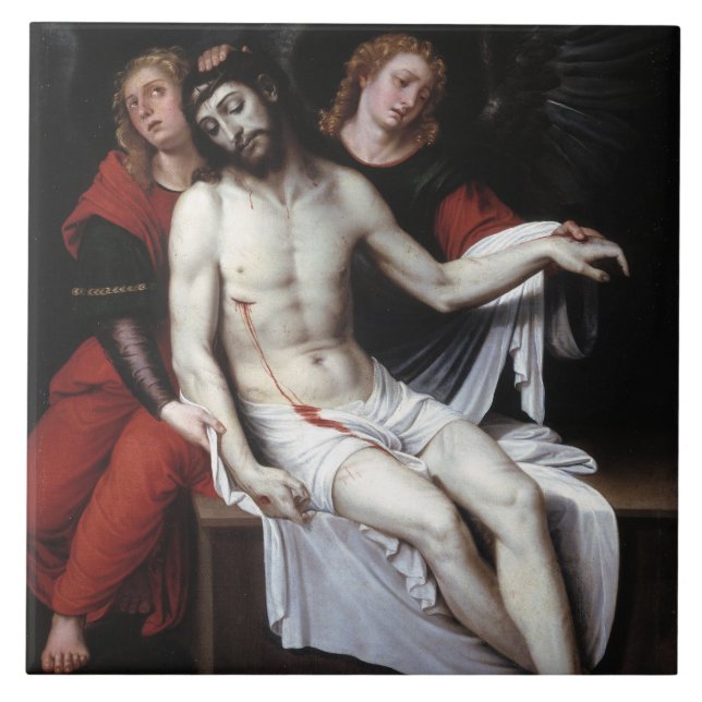 Azulejo Cristo muerto apoyado por dos ángeles (Ribalta) (Frente)