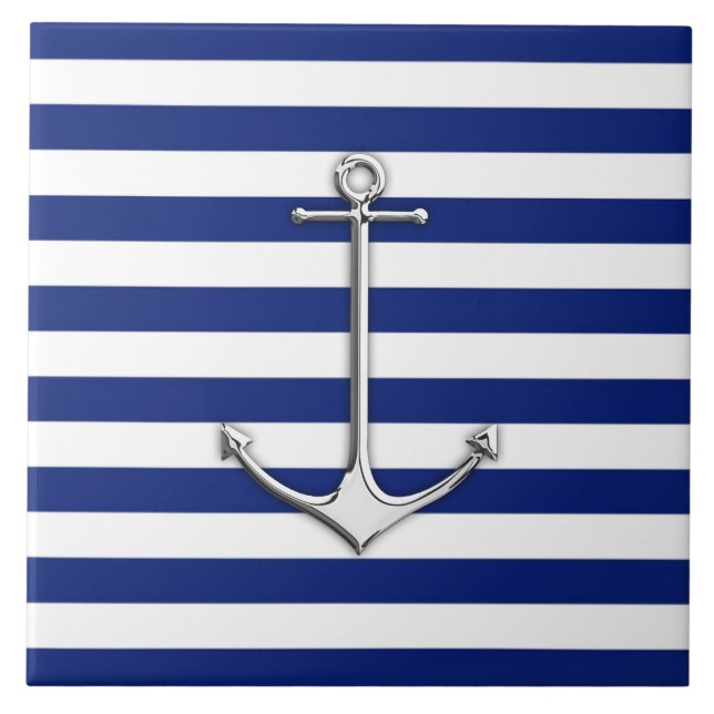 Azulejo Cromo como un ancla delgada en franjas náuticas (Frente)