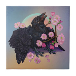 Azulejo Crow con flores de manzana