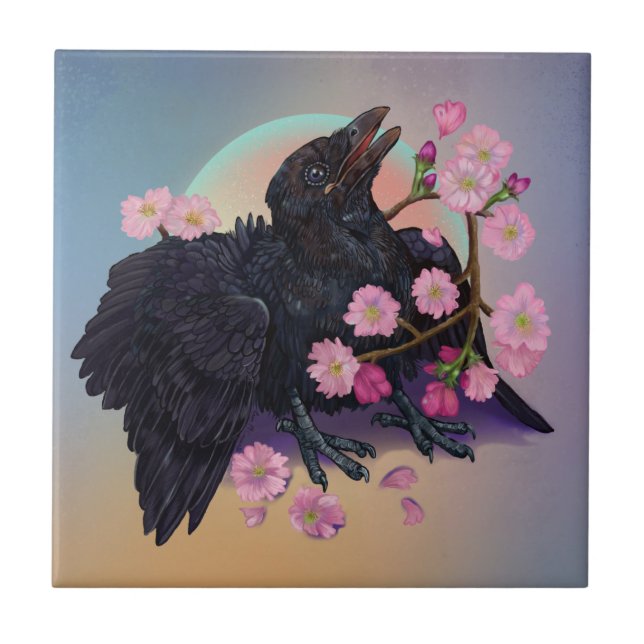 Azulejo Crow con flores de manzana (Frente)