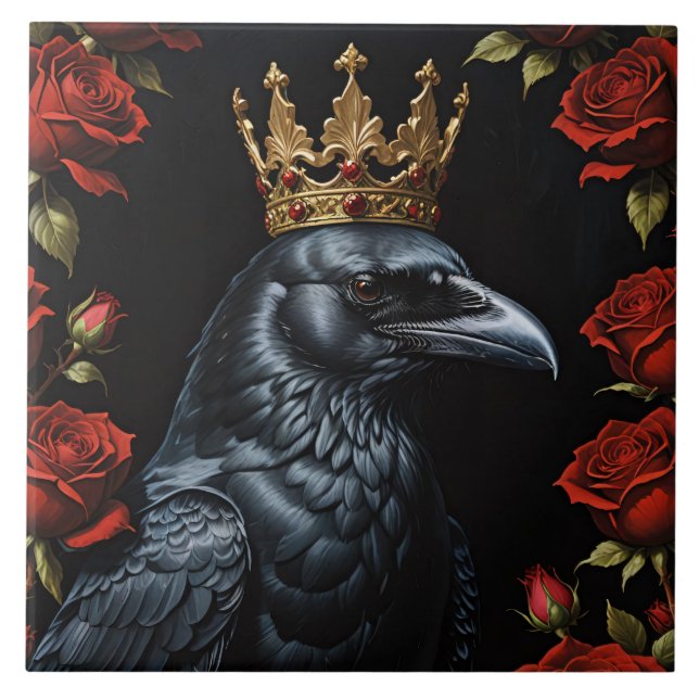 Azulejo Crow in a Gold Crown Ruby Red Roses (Frente)
