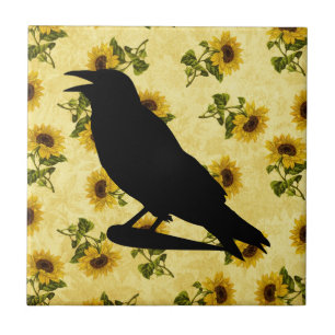 Azulejo Crow on Sunflowers