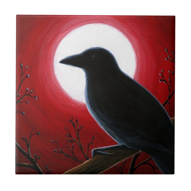 Azulejo Crow Raven Bird 62 Moon Red (Frente)