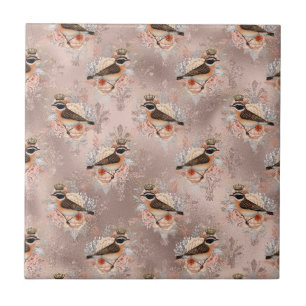 Azulejo Crown Royal Pájaros Rosa Flores Antiguas Fleur De