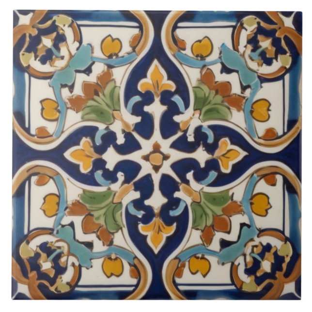 Azulejo Cruz abstracta simétrica en azul marino y amarillo (Frente)