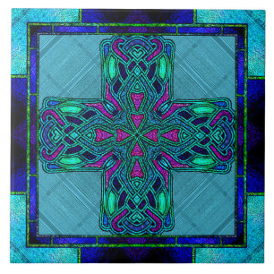 Azulejo Cruz Celta de Vidrio Emplomado en Azul y Acuático