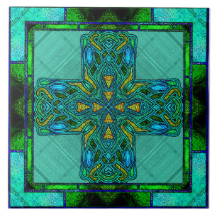 Azulejo Cruz Celta de Vidrio Emplomado en Dorado y Verde
