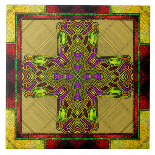 Azulejo Cruz celta de vidrio emplomado en rojo y dorado