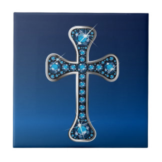 Azulejo Cruz cristiana con piedras "Aquamarine"