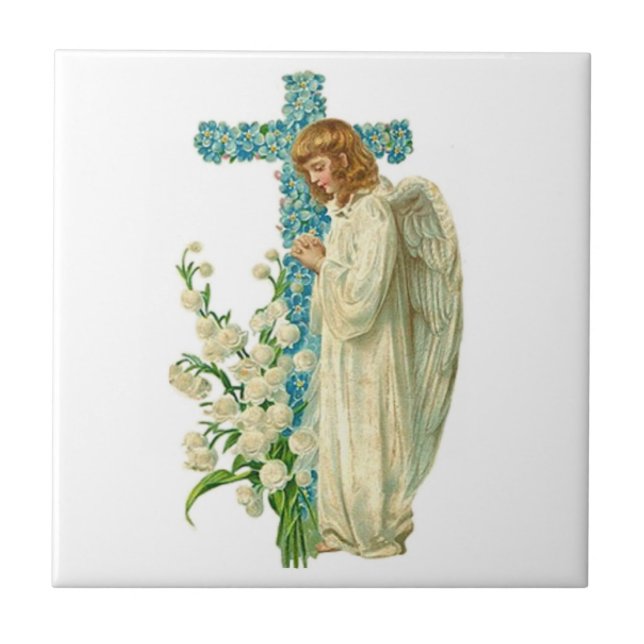 Azulejo Cruz cristiana florida azul (Frente)