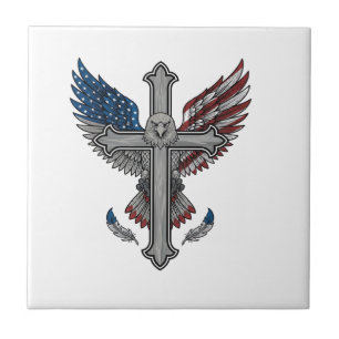 Azulejo Cruz de águila patriótica grabado vintage vector d