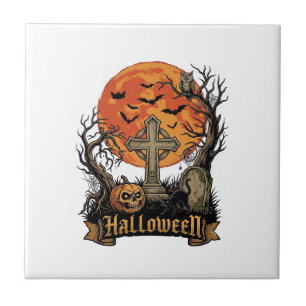 Azulejo Cruz de Halloween Lápida Calavera Calabaza Gato Ne