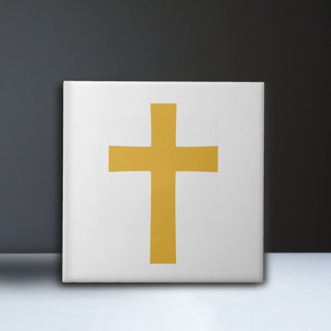 Azulejo Cruz de oro en blanco (Gold Cross on White Ceramic Tile)