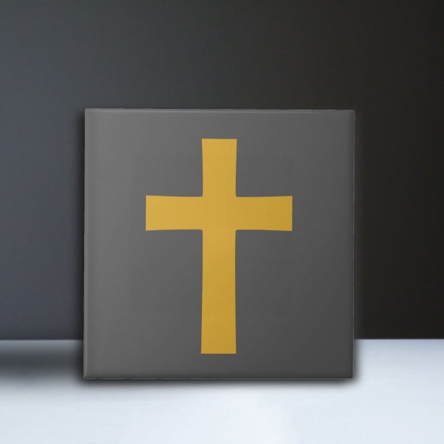 Azulejo Cruz de oro en negro (Gold Cross on Black Ceramic Tile)