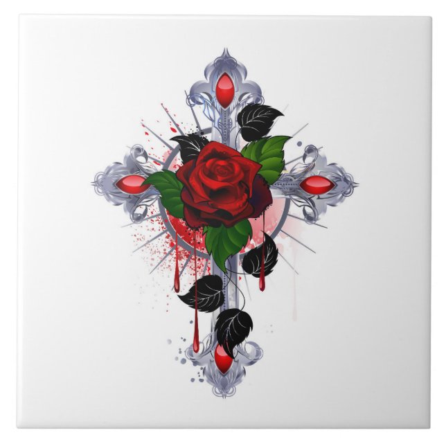 Azulejo Cruz de Plata con una Rosa Roja (Frente)