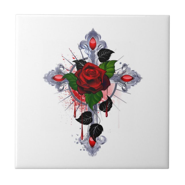 Azulejo Cruz de Plata con una Rosa Roja (Frente)