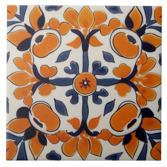 Azulejo Cruz Geométrica Azul naranja Resumen Mediterráneo (Frente)