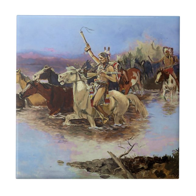 Azulejo “Cruzando el río” de Charles M Russell (Frente)